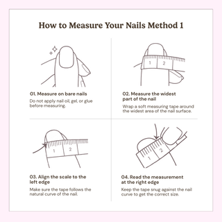 The EyeCandys Mist n Fade Press-On Nails include an illustrated, step-by-step guide: use bare nails, measure the widest part, align the scale to your nail’s left edge, and note the size at the right edge for a perfect fit.