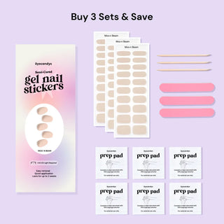 Buy 3 sets of Eyecandys Gel Nail Stickers – includes 3 nail sticker sets, 3 nail files, 3 wooden sticks, 6 alcohol pads; salon-quality, easy 10-minute application, long-lasting, minimalist nail design.