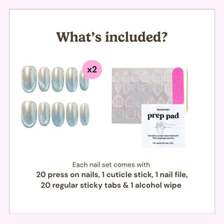 The Moon Glass Press-On Nails by EyeCandys include 20 iridescent handmade nails, a pink nail file, clear cuticle stick, sticky tabs sheet, and alcohol prep pad—all displayed on a white background.