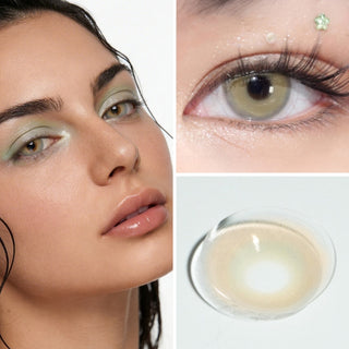 Collage of model wearing EyeCandys Mykonos Brown prescription colored contact lenses, close-up of her eye, and macro shot of the lens