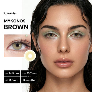 Model wearing EyeCandys Mykonos Brown prescription colored contact lenses for a natural deep brown enhancement and realistic eye color transformation.