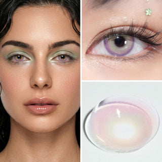 Collage of model wearing EyeCandys Mykonos Pink prescription colored contact lenses, close-up of her eye, and macro shot of the lens