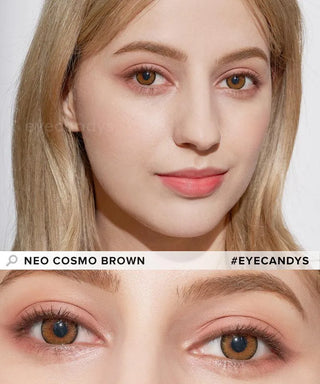 A woman with fair skin and blonde hair wears NEO Vision Cosmo Brown circle lenses by NEO Vision. The image highlights her face and eyes, showing the natural brown color of these prescription contact lenses.