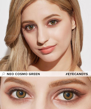 A woman with light skin and blonde hair wears NEO Vision Cosmo Green lenses, shown in a close-up of her eyes and a full-face view. The image features the brand name "NEO Vision" and product name "Cosmo Green.