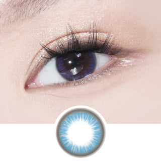 Eye with long lashes wearing EyeCandys NEO Monet Blue colored contact lenses – prescription color contact lenses, also available in toric for astigmatism.