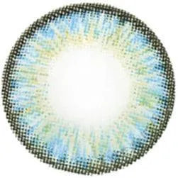 The NEO Vision Cosmo Blue contact lens by NEO Vision features a radiating pattern of light blue, yellow, and green with a dark outer ring and a clear center for comfortable wear.