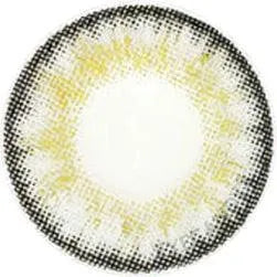 A close-up of the NEO Vision Cosmo Grey contact lens by NEO Vision, featuring a white center with a gradient yellow and black dotted edge. These cosmetic lenses are crafted for striking eye color enhancement.
