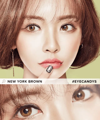 Asian model with brown hair wearing New York brown contact lenses on her naturally dark eyes, above a close-up of her eyes wearing the same lenses.
