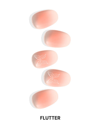 EyeCandys Flutter Gel Nail Stickers featuring a delicate fluttering design. Effortless, long-lasting spring nails with a 7-free, allergy-friendly formula that lasts 2-3 weeks. Cures in sunlight, no UV lamp needed, for a trendy, chic manicure.