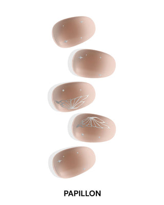 Eyecandys Papillon design gel nail stickers, perfect for spring, offering a 10-minute application, lasting 2-3 weeks, with a 7-free, allergy-friendly formula that strengthens and repairs nails for spring looks