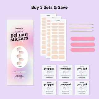 EyeCandys Nudist Gel Nail Sticker set includes alcohol prep pads, a wooden stick, and a nail file for easy application. This all-in-one kit ensures a smooth, long-lasting manicure with minimal effort. Perfect for at-home use, these gel nail stickers offer a chip-free finish and come with essential tools for flawless results.