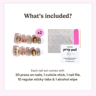 Reusable press on nails kit by EyeCandys including 20 nails, nail file, cuticle stick, alcohol wipe, and 10 sticky tabs for secure application.