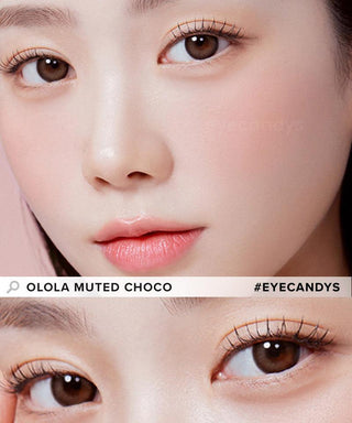 Model showcasing the natural look using Olola Muted Choco prescription color contacts, above a closeup of a pair of eyes transformed by the color contact lenses