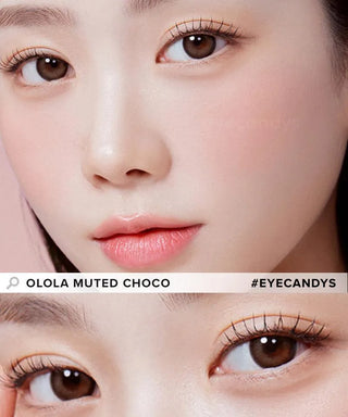 Model showcasing the natural look using Olola Muted Choco prescription color contacts, above a closeup of a pair of eyes transformed by the color contact lenses