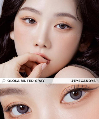 Model showcasing the natural look using Olola Muted Grey prescription color contacts, above a closeup of a pair of eyes transformed by the color contact lenses