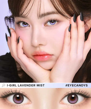 Close-up of model's eye wearing EyeCandys ONE PICK Balance Lavender Mist prescription contact lens, featuring a soft lavender tint that enhances eye color with a natural, vibrant look for clear vision and lasting comfort.