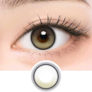 Close-up of model's eye wearing EyeCandys ONE PICK Balance Olive Breeze prescription contact lens, featuring a subtle olive tint that enhances eye color with a natural, vibrant look, offering clear vision and all-day comfort