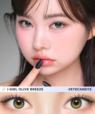 Close-up of model's eye wearing EyeCandys ONE PICK Balance Olive Breeze prescription contact lens, featuring a subtle olive tint that enhances eye color with a natural, vibrant look, offering clear vision and all-day comfort.
