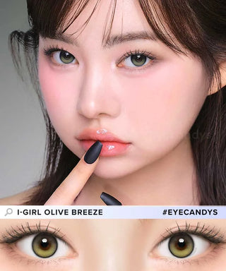 Close-up of model's eye wearing EyeCandys ONE PICK Balance Olive Breeze prescription contact lens, featuring a subtle olive tint that enhances eye color with a natural, vibrant look, offering clear vision and all-day comfort.