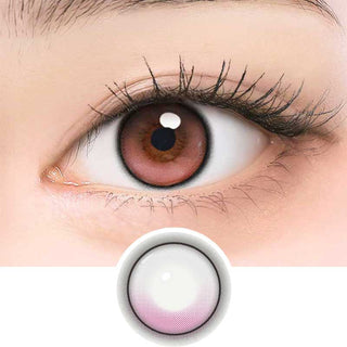 Close-up of model's eye wearing EyeCandys ONE PICK Balance Peach Bloom prescription contact lens, featuring a soft peach tint that enhances eye color with a natural, radiant look, providing clear vision and all-day comfort