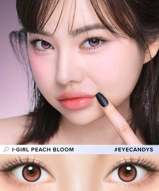 Close-up of model's eye wearing EyeCandys ONE PICK Balance Peach Bloom prescription contact lens, featuring a soft peach tint that enhances eye color with a natural, radiant look, providing clear vision and all-day comfort