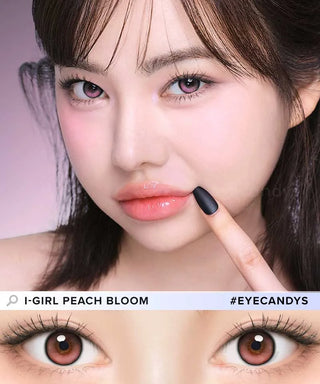 Close-up of model's eye wearing EyeCandys ONE PICK Balance Peach Bloom prescription contact lens, featuring a soft peach tint that enhances eye color with a natural, radiant look, providing clear vision and all-day comfort