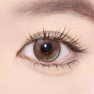 Olala Meow Savannah Brown color contact lens on top of a dark eye paired with subtle eye makeup and curled wispy eyelashes