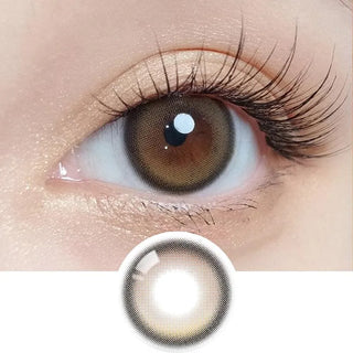 Macro shot of an eye wearing the Olola Blurring Brown colour contact lens, showing the multi-colored detail and natural effect on dark brown eyes, with clean eye makeup