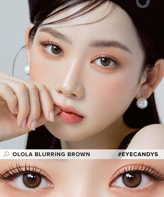 Model showcasing the natural look using Olola Blurring Brown prescription color contacts, above a closeup of a pair of eyes transformed by the color contact lenses