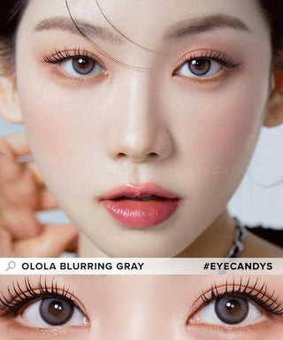 Model showcasing the natural look using Olola Blurring Grey prescription color contacts, above a closeup of a pair of eyes transformed by the color contact lenses