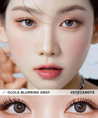 Model showcasing the natural look using Olola Blurring Grey prescription color contacts, above a closeup of a pair of eyes transformed by the color contact lenses