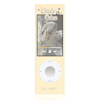 The i-Sha One Pick Only One Cherry Choco by i-Sha is a beige rectangular device with a circular control pad, displaying a music player screen with a white lily, "Only One" text, stars, a 3-tone gradient design, and "WISH GIRL" at the bottom.