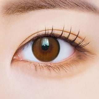Macro shot of an eye wearing the i-Sha Oriana Fit Royal Brown prescription colour contact lens, showing the multi-colored detail and natural effect on dark brown eyes.