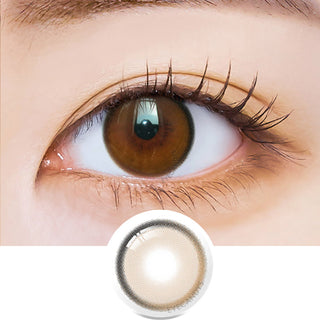 Macro shot of an eye wearing the i-Sha Oriana Fit Royal Brown prescription colour contact lens, showing the multi-colored detail and natural effect on dark brown eyes, with clean eye makeup. At the bottom is the pattern of the colored lens design, showing the dotted detail and pigmentation.