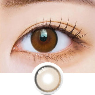 Macro shot of an eye wearing the i-Sha Oriana Fit Royal Brown prescription colour contact lens, showing the multi-colored detail and natural effect on dark brown eyes, with clean eye makeup. At the bottom is the pattern of the colored lens design, showing the dotted detail and pigmentation.