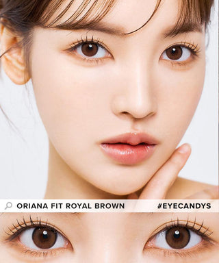 Model showcasing the natural look using i-Sha Oriana Fit Royal Brown prescription colored contact lenses, above a closeup of a pair of eyes enhanced and widened by the circle lenses.