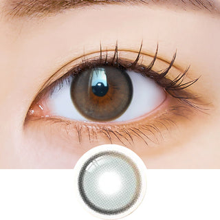 Macro shot of an eye wearing the i-Sha Oriana Fit Royal Grey prescription colour contact lens, showing the multi-colored detail and natural effect on dark brown eyes, with clean eye makeup. At the bottom is the pattern of the colored lens design, showing the dotted detail and pigmentation.