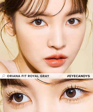 Model showcasing the natural look using i-Sha Oriana Fit Royal Grey prescription colored contact lenses, above a closeup of a pair of eyes enhanced and widened by the circle lenses.
