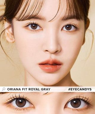 Model showcasing the natural look using i-Sha Oriana Fit Royal Grey prescription colored contact lenses, above a closeup of a pair of eyes enhanced and widened by the circle lenses.