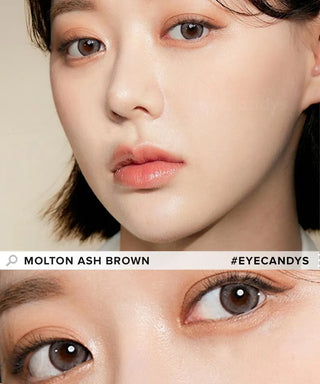 Design of the i-Sha Molton Ash Brown coloured contact lens from Eyecandys on a white background, showing the pixel dotted detail and limbal ring.