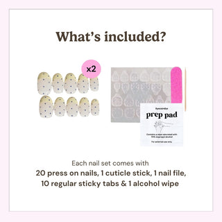 What’s included in the box: 20 press on nails, cuticle stick, nail file, 10 adhesive tabs, and alcohol wipe for easy at-home manicure application.