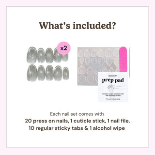 What’s included in the box: 20 press on nails, cuticle stick, nail file, 10 adhesive tabs, and alcohol wipe for easy at-home manicure application.