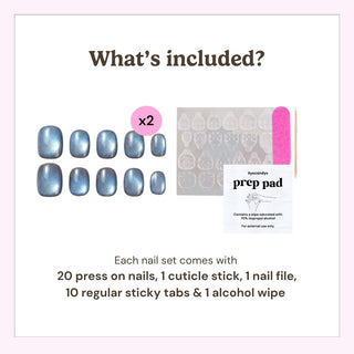 EyeCandys press on nails package contents showing 20 press-on nails, cuticle stick, nail file, alcohol prep pads, and 20 sticky tabs.