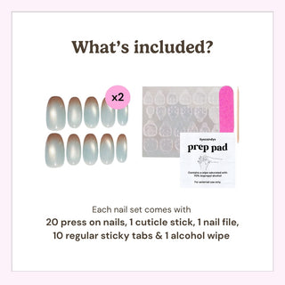 EyeCandys press on nails package contents showing 20 press-on nails, cuticle stick, nail file, alcohol prep pads, and 20 sticky tabs.