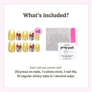 EyeCandys press on nails package contents showing 20 press-on nails, cuticle stick, nail file, alcohol prep pads, and 20 sticky tabs.