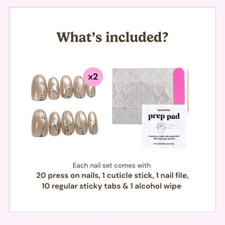EyeCandys press on nails package contents showing 20 press-on nails, cuticle stick, nail file, alcohol prep pads, and 20 sticky tabs.