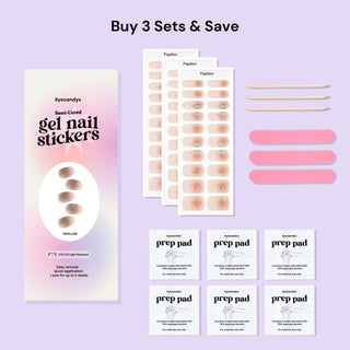 Eyecandys Papillon package set 3, including 3 sets of gel nail stickers, 6 alcohol pads, 3 nail files, and 3 sticks, offering a 10-minute application, lasting 2-3 weeks, with a 7-free, allergy-friendly formula