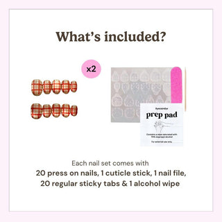 Image shows EyeCandys Picnic Date Press-On Nails set: 20 handmade press-on nails, a cuticle stick, pink nail file, 20 sticky tabs, and an alcohol wipe for salon-quality gel manicure at home.