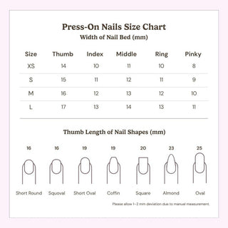 EyeCandys Picnic Date Press-On Nails size chart includes nail bed widths (mm) for thumb, index, middle, ring, pinky in XS–L, plus thumb lengths for short round, squoval, coffin, square, almond & oval handmade shapes.