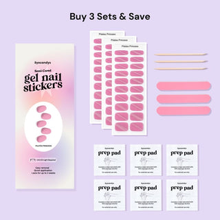 EyeCandys Pilates Princess Package 3 Set featuring 3 gel nail sticker sets, 6 alcohol pads, 3 nail files, and 3 wooden sticks. Everything you need for an easy, salon-quality manicure with pink glitter gel nails that last 2-3 weeks. Perfect for a sparkling, trendy spring look.